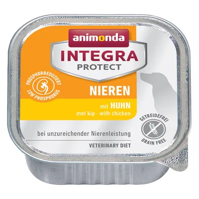 animonda Integra Protect Nieren met kip, fosforgereduceerd, graanvrij. Voor onvoldoende nierfunctie. Veterinary Diet. Tekst deels in Duits en Engels zichtbaar.