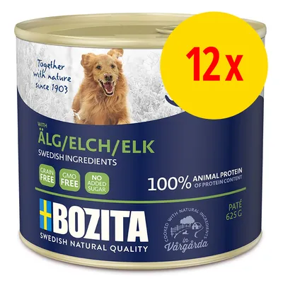 BOZITA hundemad med elg, 12 x 625 g dåser. Tekst: 100 % animal protein, grain free, GMO free, no added sugar, Swedish ingredients, paté. Billede af hund på emballagen. BOZITA hundemad med elg, 12 x 625 g dåser. Tekst: 100 % animal protein, grain free, GMO free, no added sugar, Swedish ingredients, paté. Billede af hund på emballagen.
