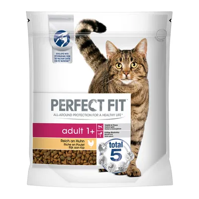 Συσκευασία Perfect Fit adult 1+ για γάτες, πλούσια σε κοτόπουλο. Ορατά: total 5, Vitality & Fitness, Reich an Huhn, εικόνα γάτας στη συσκευασία.