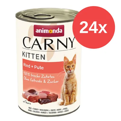 Animonda Carny Kitten ternera y pavo, 100% ingredientes frescos, sin cereales ni azúcar, con taurina. El paquete contiene 24 latas. Animonda Carny Kitten ternera y pavo, 100% ingredientes frescos, sin cereales ni azúcar, con taurina. El paquete contiene 24 latas.