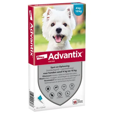 Elanco Advantix spot-on oplossing voor honden 4–10 kg, elimineert vlooien, teken en luizen. Bevat imidacloprid en permethrine. Verpakking met 6 x 1,0 ml pipetten.