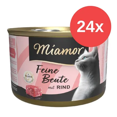 Miamor Feine Beute con ternera, 24 latas. Contiene taurina y es sin cereales.