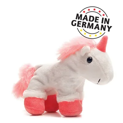 Pluche eenhoorn met roze manen en hoeven. Tekst: Made in Germany.