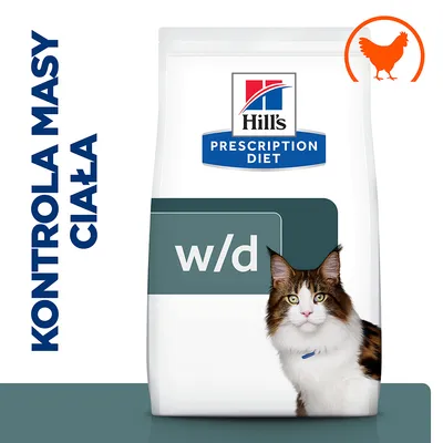 Hill's Prescription Diet w/d karma dla kota, kontrola masy ciała, symbol kurczaka, zdjęcie kota na opakowaniu