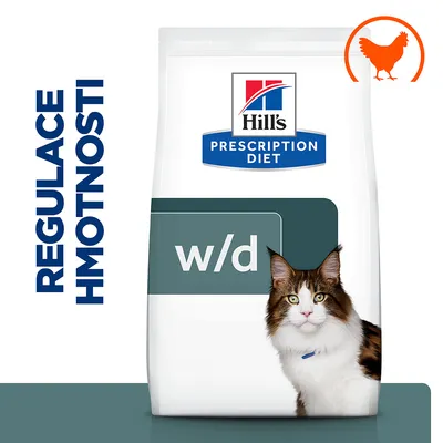 Hill's Prescription Diet w/d, regulace hmotnosti, balení s obrázkem kočky a oranžovou ikonou kuřete v pravém horním rohu.