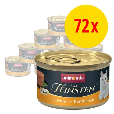 Lot de 72 boîtes Animonda Vom Feinsten mousse pour chat, saveur Huhn + Kaninchen (poulet et lapin), texte en allemand visible sur l’emballage.
