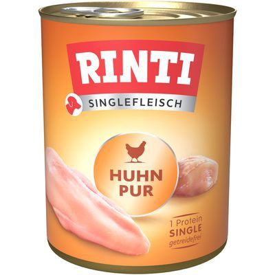 Rinti Singlefleisch Huhn Pur blik, zichtbare tekst: 1 Protein Single, getreidefrei. Afbeelding van kipfilet op het etiket.
