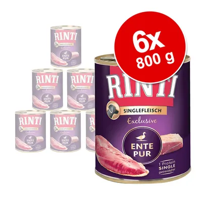 RINTI Singlefleisch Exclusive Ente Pur, 6 x 800 g säilykepakkaus. Etiketissä ankankuva ja teksti: 1 Protein Single, getreidefrei.