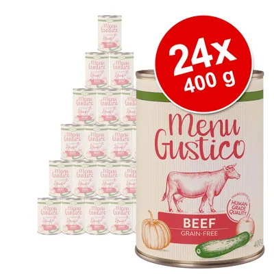 Menu Gustico Beef Grain-Free -koiranruoka, 24 x 400 g säilykepakkaus. Etiketissä naudan kuva, kurkku ja kurpitsa sekä merkintä 'Human Grade Quality'.