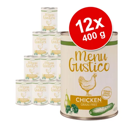 Zestaw 12 puszek Menu Gustico Chicken Grain-Free, każda 400 g. Widoczne napisy: Human-Grade Quality, składniki: kurczak, warzywa. Opakowanie bez zbóż.