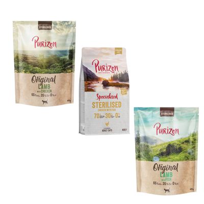 15 zł taniej! Purizon, karma sucha dla kota, 3 x 400 g Adult Sterilised, kurczak i ryba, 400 g + Sterilised Adult, jagnięcina i kurczak, 400 g + Sterilised Adult jagnięcina z rybą , 400 g