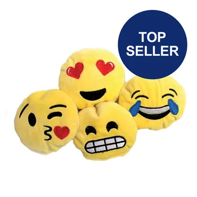 Vier gelbe Emoji-Spielzeuge mit verschiedenen Gesichtsausdrücken: Herzaugen, Zwinkern, Zähne zeigen und Lachen mit Tränen. Blauer Kreis mit Text 'Top Seller'.