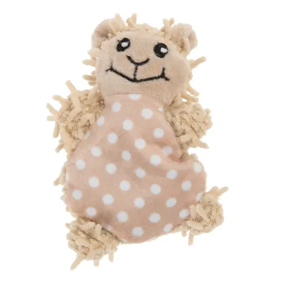 Juguete de peluche beige en forma de animal con puntos blancos y cara sonriente, apto para mascotas.
