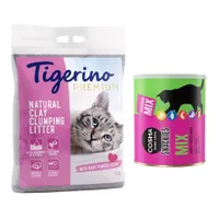 Kombi-Paket: Tigerino Premium Katzenstreu + Cosma Snackies Tube - 12 kg Babypuderduft + Maxi Mix 5 Sorten (150 g)