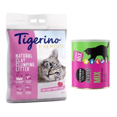 Kombi-Paket: Tigerino Premium Katzenstreu + Cosma Snackies Tube 12 kg Babypuderduft + Maxi Mix 5 Sorten (150 g)