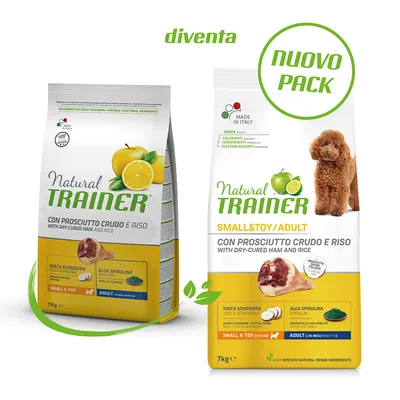 To poser Natural Trainer hundefoder, tekst: CON PROSCIUTTO CRUDO E RISO WITH DRY-CURED HAM AND RICE, SMALL&TOY/ADULT, Yucca Schidigera, Alga Spirulina, 7 kg. Nuovo Pack. Made in Italy.