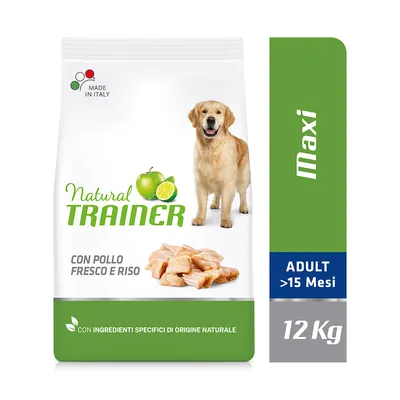 Natural Trainer hundefoder, Maxi, ADULT >15 Mesi, 12 kg. Tekst: con pollo fresco e riso, con ingredienti specifici di origine naturale, Made in Italy. Billede af hund og kyllingestykker.