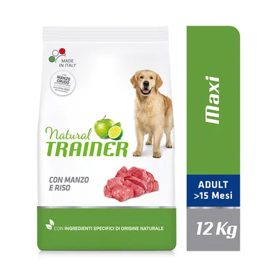 Natural Trainer hundefoder Maxi, ADULT >15 Mesi, 12 kg. Con manzo e riso. Made in Italy. Med billede af hund, oksekød og æble. CON INGREDIENTI SPECIFICI DI ORIGINE NATURALE.