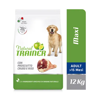 Natural Trainer hundefoder Maxi Adult >15 Mesi, 12 kg. Con prosciutto crudo e riso. Made in Italy. Med billede af hund, æble, lime og skinke. Ingredienser di origine naturale. Natural Trainer hundefoder Maxi Adult >15 Mesi, 12 kg. Con prosciutto crudo e riso. Made in Italy. Med billede af hund, æble, lime og skinke. Ingredienser di origine naturale.