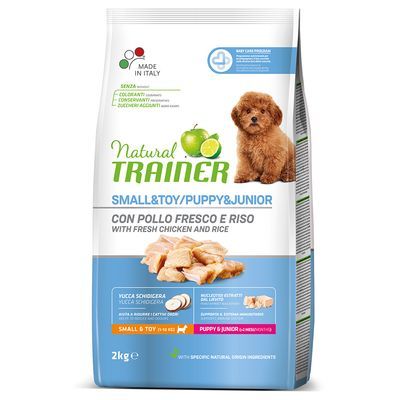 Natural Trainer Small & Toy Puppy & Junior hondenvoer, 2 kg, met verse kip en rijst. Tekst: zonder kleurstoffen, conserveermiddelen, toegevoegde suikers. Made in Italy.