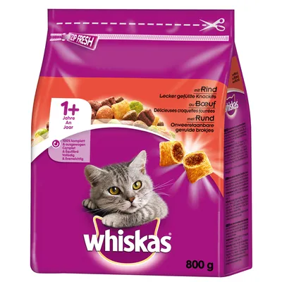 Whiskas hrană uscată cu vită, Knackits umplute, pentru pisici de la 1 an. 100% completă și echilibrată. Mărime ambalaj: 800 g. Whiskas hrană uscată cu vită, Knackits umplute, pentru pisici de la 1 an. 100% completă și echilibrată. Mărime ambalaj: 800 g.