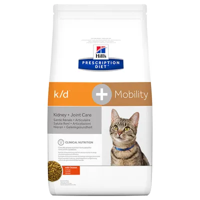 Hill's Prescription Diet k/d + Mobility kattenvoer, Kidney + Joint Care, met kip. Afbeelding van een kat op de verpakking. Zichtbare tekst: Clinical Nutrition.
