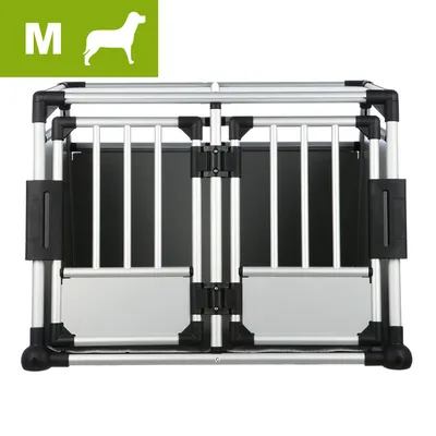 Hundebur i aluminium med to døre, størrelse M vist øverst til venstre med hvid hundesilhuet og bogstavet M på grøn baggrund.