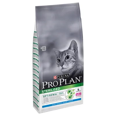 Confezione di crocchette per gatti Purina Pro Plan Sterilised con OPTIRENAL, indicato Healthy Kidneys, logo ISFM, gusto coniglio visibile in basso.