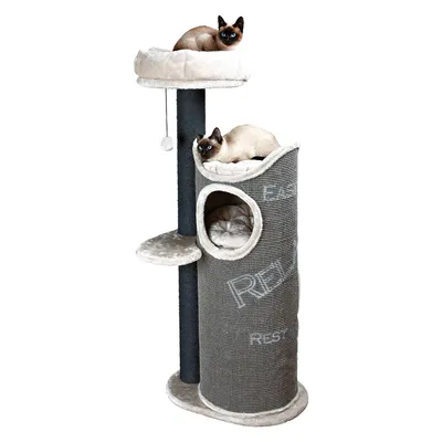 Cat tree with two lounging platforms, cave and toy. Two Siamese cats on the upper levels. Text on cat tree: 'RELAX' and 'REST'.