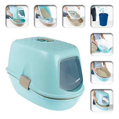 Maison de toilette pour chat en plastique bleu avec porte battante, poignée et images montrant différentes étapes de nettoyage et tamisage de la litière.