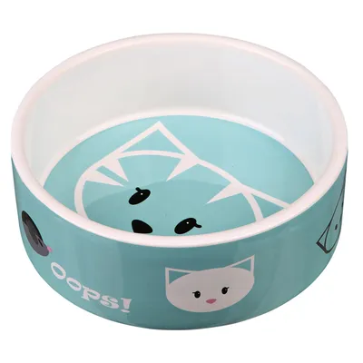 Bol rotund, turcoaz, pentru hrană, cu motive de pisici și inscripția 'Oops!' pe exterior. Interior cu imagine stilizată de pisică albă și neagră.