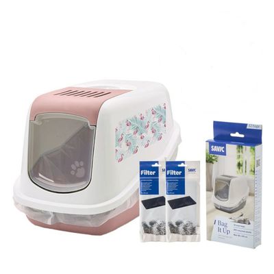 Savic Nestor Impression "Flamingo" macska WC Induló szett: toalett 'Falmingo' mintával + 2 db pótszűrő + 12 db Bag It Up