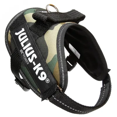 Arnés para perro Julius-K9 IDC Power con diseño de camuflaje, anilla metálica y correa ajustable. Texto visible: JULIUS-K9 IDC POWER.