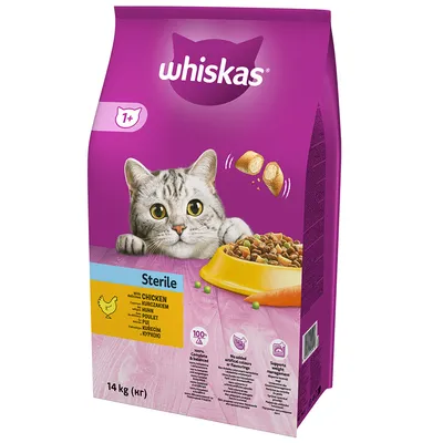 Sac Whiskas Sterile 1+ au poulet, 14 kg, image d’un chat gris et gamelle de croquettes, mentions : 100 % équilibré, sans colorants artificiels, gestion du poids, texte multilingue visible.