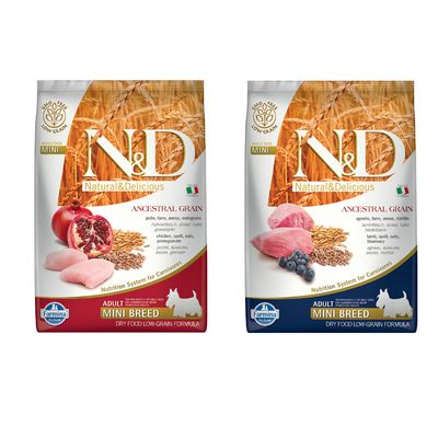 Farmina Pet Foods. NO MAIS, GMO FREE, NO ARTIFICIAL PRESERVATIVES, MONOPROTEIN FOOD, LOW GLYCEMIC INDEX, cruelty free research. Testo in inglese.