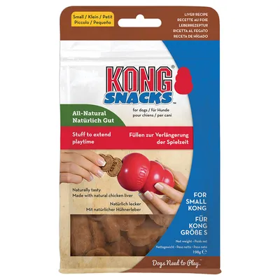 KONG Snacks voor honden, leverrecept, geschikt voor kleine KONG, 198g. Tekst: All-Natural, natuurlijk goed, met natuurlijke kippenlever, verlengt speeltijd.