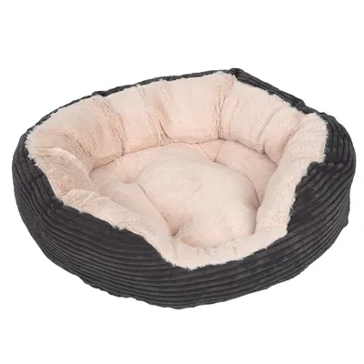Panier rond pour animal, extérieur en tissu côtelé gris foncé, intérieur rembourré beige clair aspect peluche. Aucun logo ou texte visible. Panier rond pour animal, extérieur en tissu côtelé gris foncé, intérieur rembourré beige clair aspect peluche. Aucun logo ou texte visible.