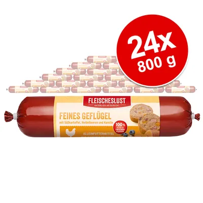 Fleischeslust Fin fågel, helfoder med sötpotatis, blåbär och kamomill. Förpackning: 24x 800g, 100 % färskt kött. Fleischeslust Fin fågel, helfoder med sötpotatis, blåbär och kamomill. Förpackning: 24x 800g, 100 % färskt kött.