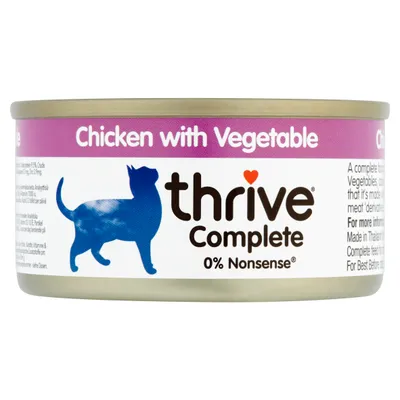 Thrive Complete märkäruoka kissoille, maku Chicken with Vegetable, 0 % Nonsense. Purkki, jossa violetti etiketti ja kissan siluetti.