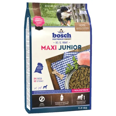Ambalaj hrană uscată bosch Maxi Junior, 3 kg, pentru câini. Text vizibil: 24 % proteină, 12 % grăsimi, fără grâu, extract de midii, dezvoltare uniformă, kolostrum, până la 12 luni.