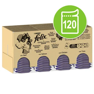 Purina Felix As Good as it Looks Senior mixed pack, visible flavours: with Beef, Salmon, Chicken, Tuna. Large green icon shows 120 pouches. Text in multiple languages on packaging.