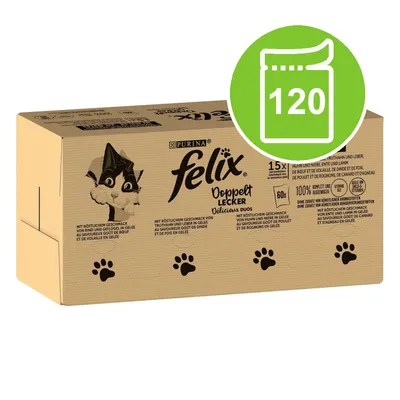 Purina Felix Doppelt Lecker Delicioux Duos cat food box, 120 pouches indicated in green icon, visible paw prints and cat illustration on packaging