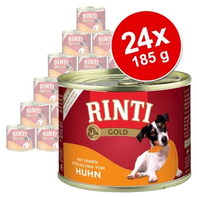 RINTI Gold konzerva, mit feinen Stückchen vom Huhn, balenie 24×185 g. Na etikete je pes a nápis v nemčine. RINTI Gold konzerva, mit feinen Stückchen vom Huhn, balenie 24×185 g. Na etikete je pes a nápis v nemčine.