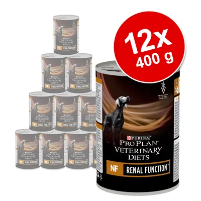 Purina Pro Plan Veterinary Diets NF Renal Function, zestaw 12 puszek po 400 g. Widoczny wizerunek psa na opakowaniu.