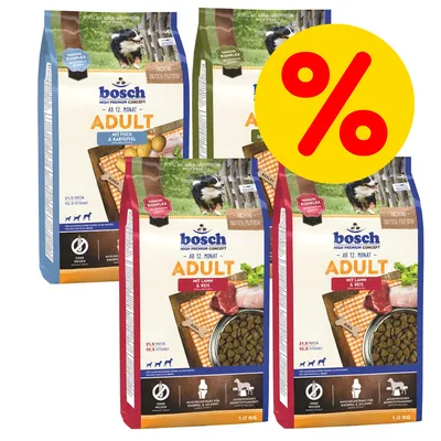 Flere poser bosch High Premium Concept Adult hundefoder, varianter med fisk & kartoffel samt lam & ris, 1,0 kg. Stor gul procent-tegn viser tilbud.