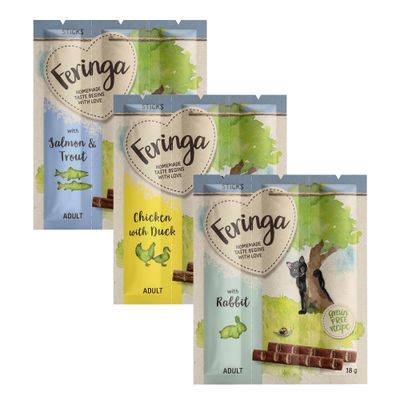 Feringa Sticks macska jutalomfalat csomag: Chicken with Duck, Salmon & Trout, Turkey with Lamb. Grain free recipe, 18 g, akciós százalékjel látható.