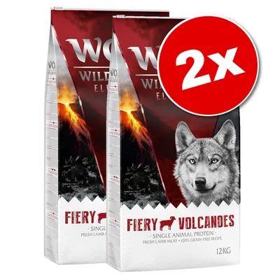 Lot de 2 sacs de croquettes Wolf of Wilderness Fiery Volcanoes, single animal protein, fresh lamb meat, 100% grain-free recipe, 12 kg chacun. Marquage 2x en rouge.