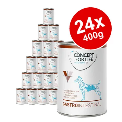 Concept for Life Veterinary Diet Gastrointestinal dog food, 24 x 400g tins. Visible text: loss compensation of nutrients, easily digestible, high palatability. Concept for Life Veterinary Diet Gastrointestinal dog food, 24 x 400g tins. Visible text: loss compensation of nutrients, easily digestible, high palatability.