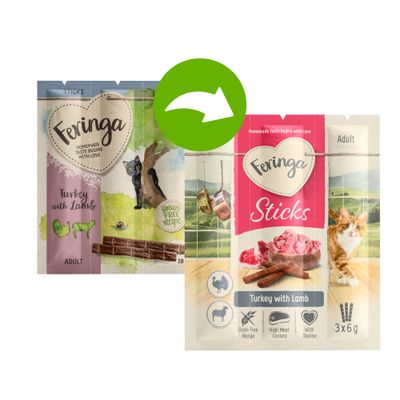 Feringa Sticks, Turkey with Lamb, Adult, grain-free recipe, 18g. Verpackung zeigt schwarze Katze und Baum.