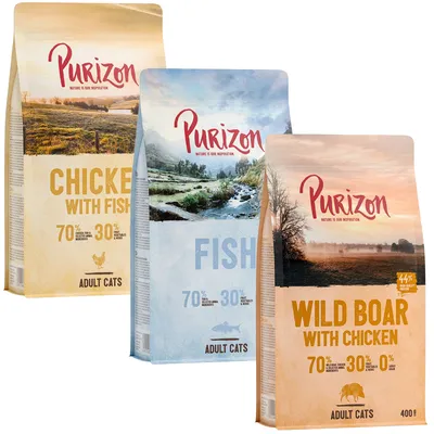 Purizon kattefoder til voksne: Chicken with Fish, Fish, Wild Boar with Chicken. 70 % animalske ingredienser, 30 % plantebaserede ingredienser. 400 g synligt på én pose.